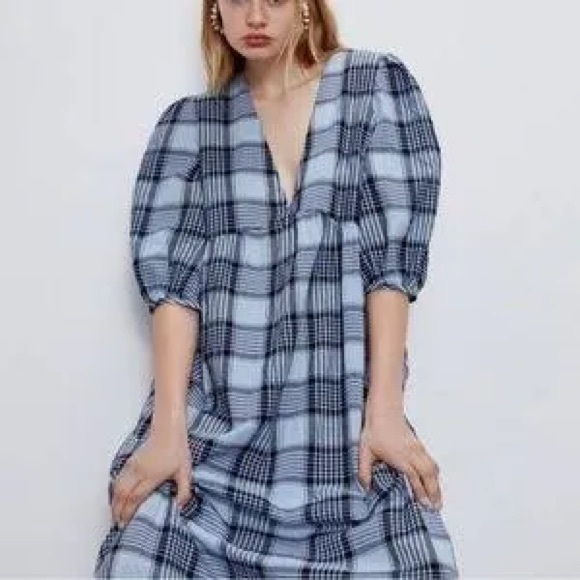 Zara Dresses & Skirts - Zara Blue Plaid Midi Cotton Dress